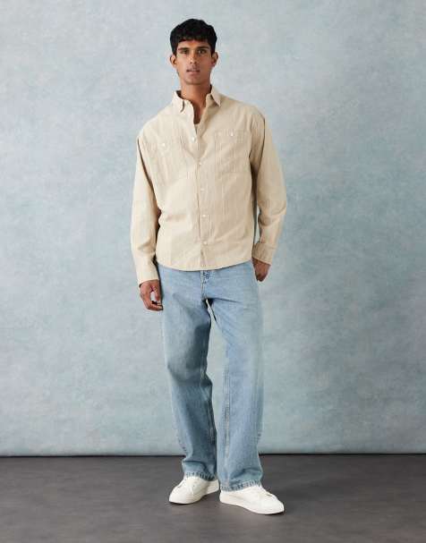 ASOS DESIGN 90s oversized seersucker stripe shirt in beige - view 1