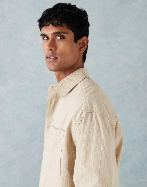 ASOS DESIGN 90s oversized seersucker stripe shirt in beige