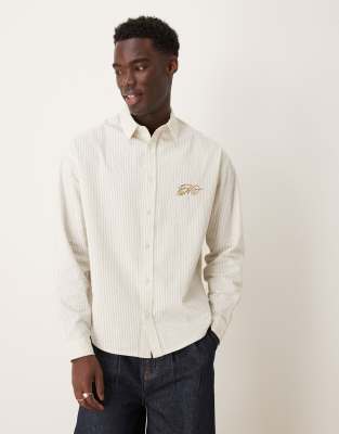Asos Design 90s Oversized Seersucker Striped Shirt With Chest Embroidery In Beige-neutral