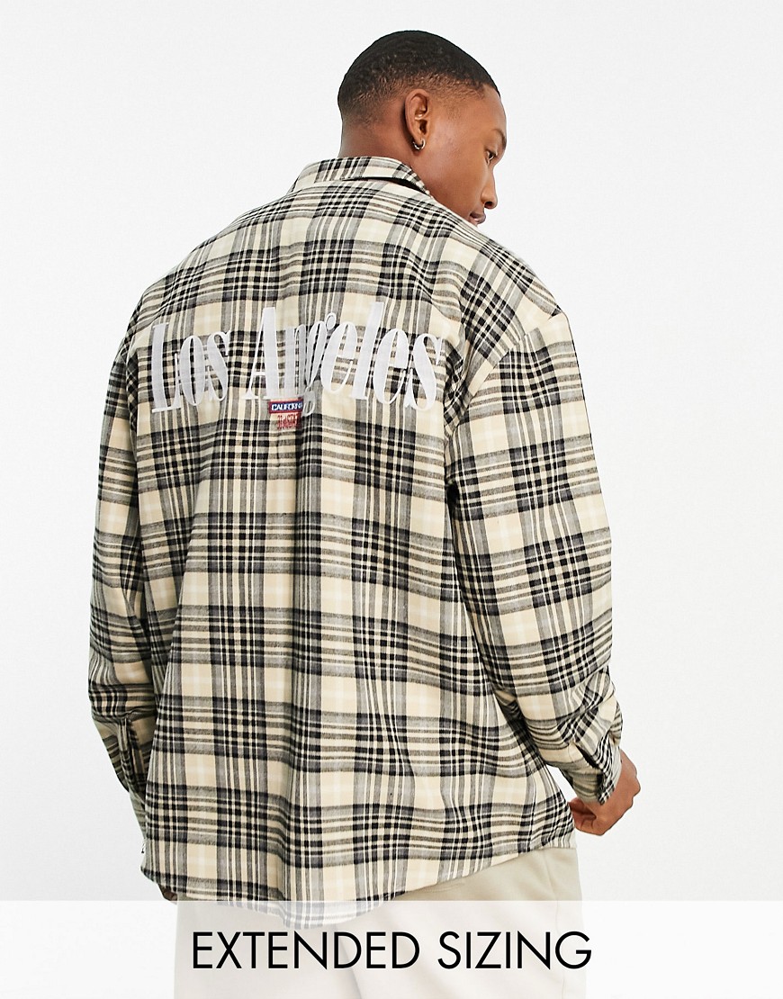 ASOS DESIGN 90s oversized shirt in beige check with Los Angeles back embroidery-Neutral