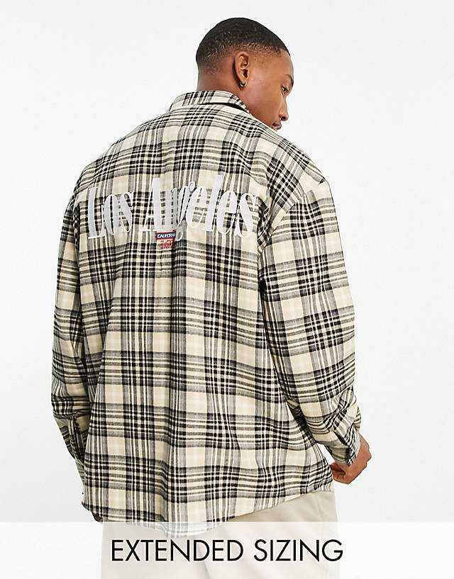 ASOS DESIGN - 90s oversized shirt in beige check with los angeles back embroidery
