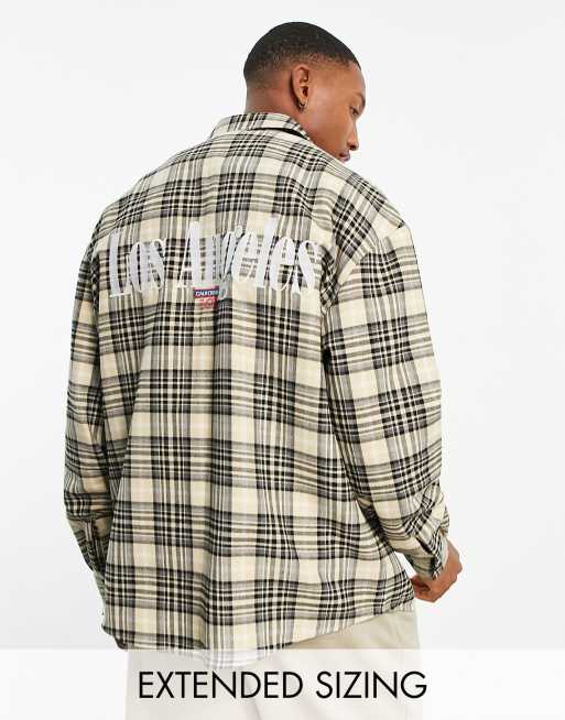 ASOS DESIGN 90s oversized shirt in beige check with Los Angeles