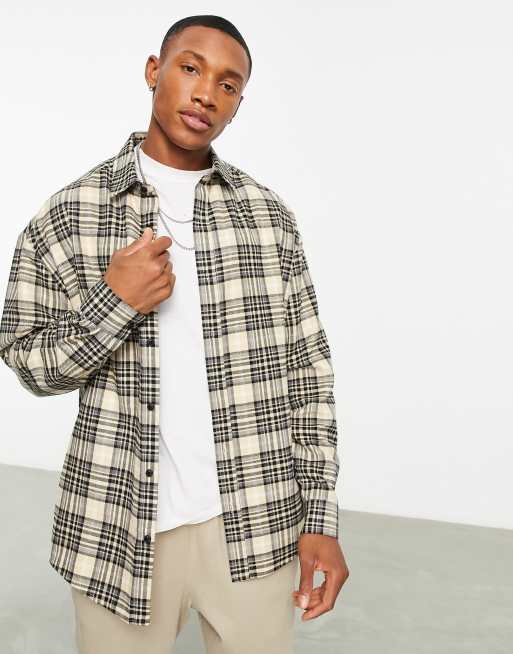 ASOS DESIGN 90s oversized shirt in beige check with Los Angeles