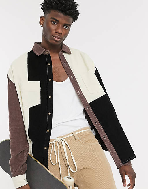 ASOS DESIGN 90s oversized shirt in colorblock cord