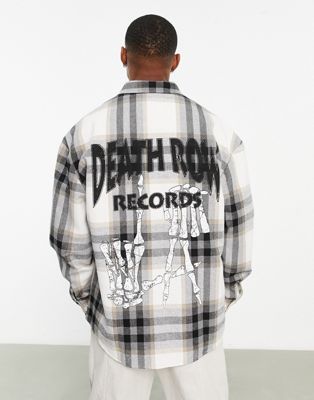 ASOS DESIGN 90s oversized shirt in grey check with Death Row back print