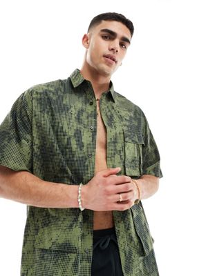 Asos Design 90s Oversized Shirt In Pixel Camo Print With Utility Pockets-green