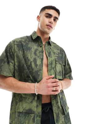 Asos Design 90s Oversized Shirt In Pixel Camo Print With Utility Pockets-green