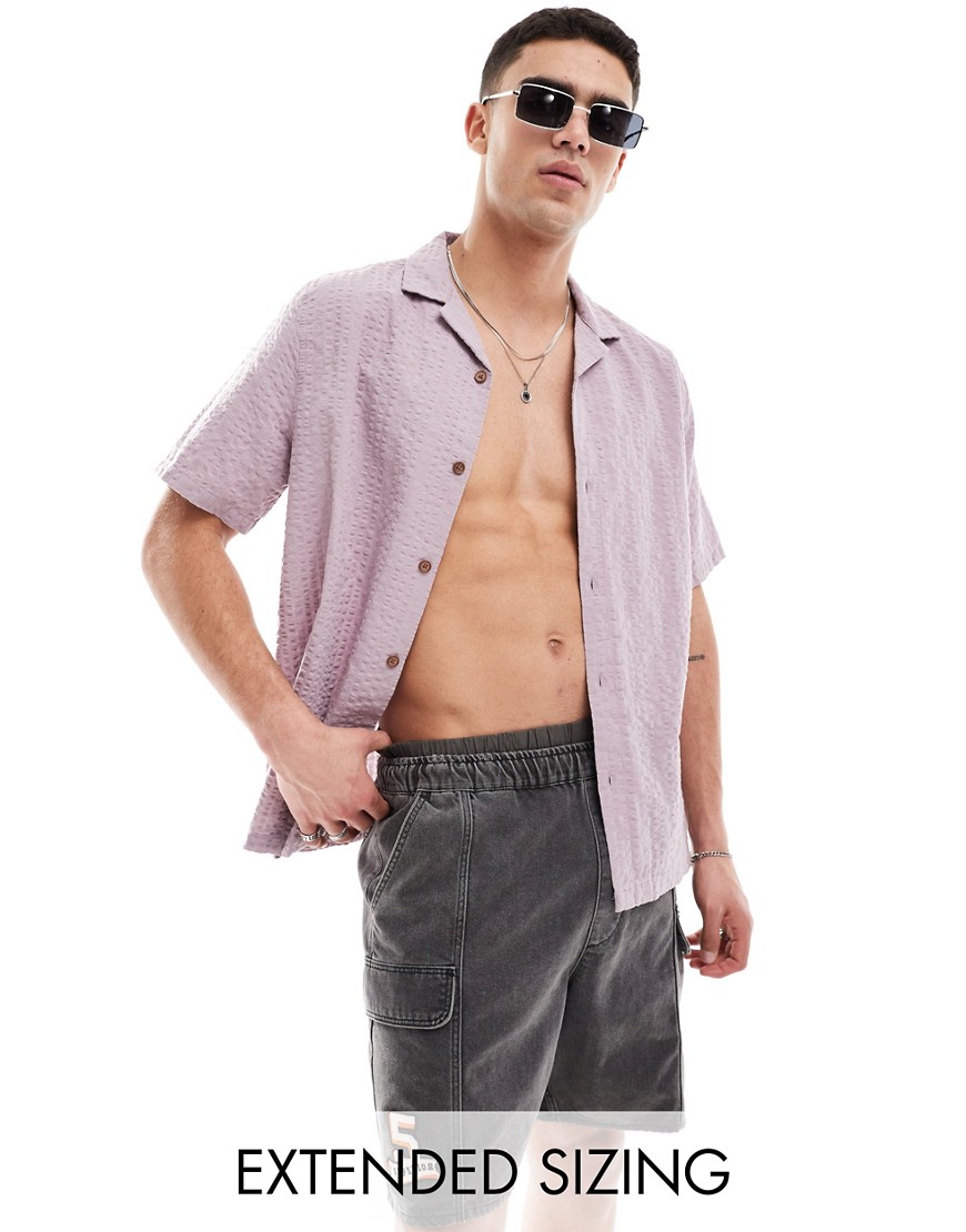 Asos Design 90s Oversized Shirt In Seersucker Texture In Mauve-purple