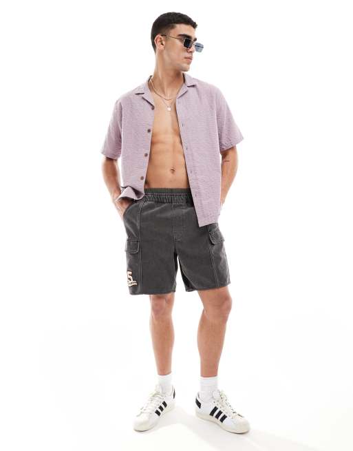 ASOS DESIGN 90s oversized shirt in seersucker texture in mauve , 3 of 4