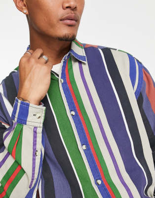 ASOS Design 90s Oversized Linen Mix Stripe Shirt in Blue