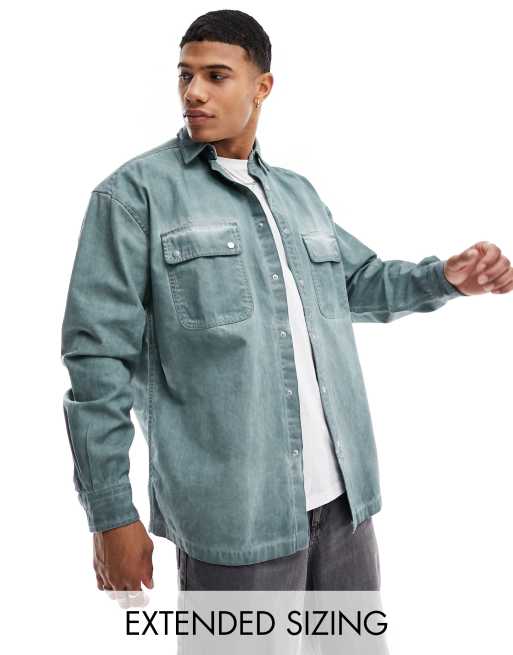ASOS DESIGN 90s oversized shirt in washed herringbone in blue 