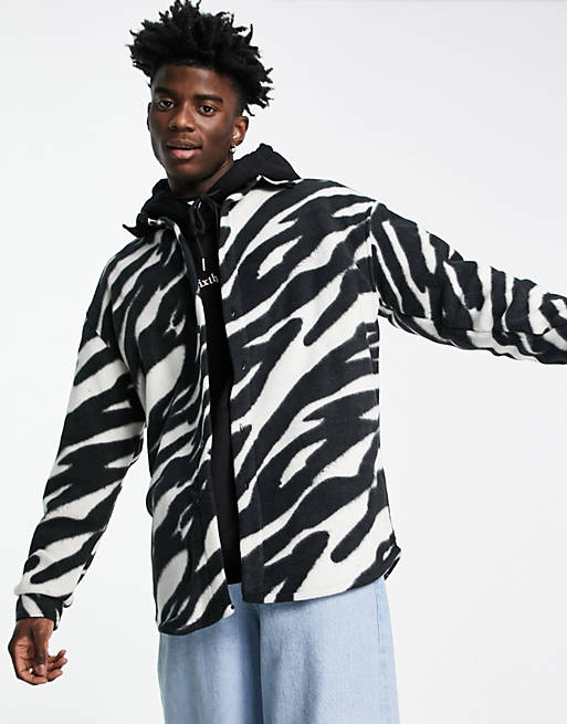 Men 90s oversized shirt in zebra animal print polar fleece 