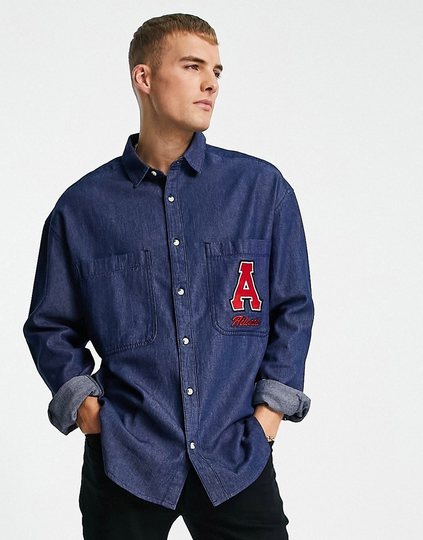 ASOS DESIGN 90s oversized shirt with all over print and embroidery patch in denim-Blues