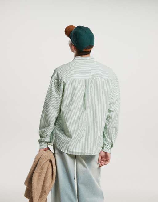ASOS DESIGN 90s oversized shirt with chest embroidery in green stripe, 3 of 4
