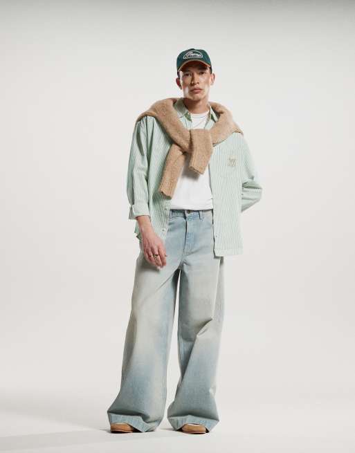 ASOS DESIGN 90s oversized shirt with chest embroidery in green stripe, 4 of 4
