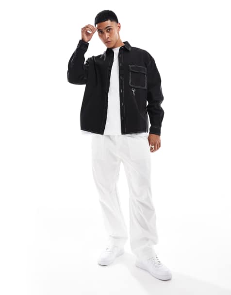 ASOS DESIGN 90s oversized shirt with contrast stitching and metal detail in black - view 1