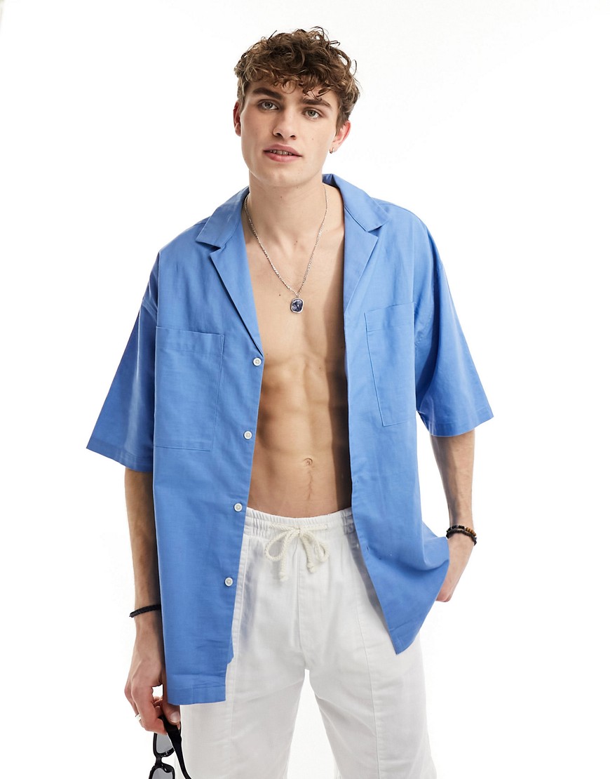 ASOS DESIGN 90s oversized shirt with deep revere collar in blue