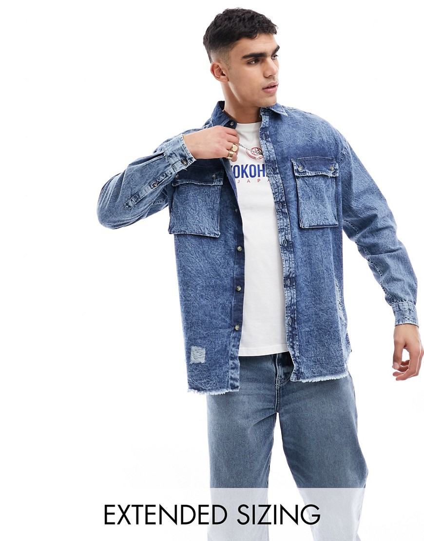 ASOS DESIGN 90s oversized shirt with distressed detail in acid wash blue
