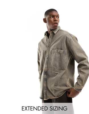 90s oversized shirt with double pockets in acid wash blue denim-Brown