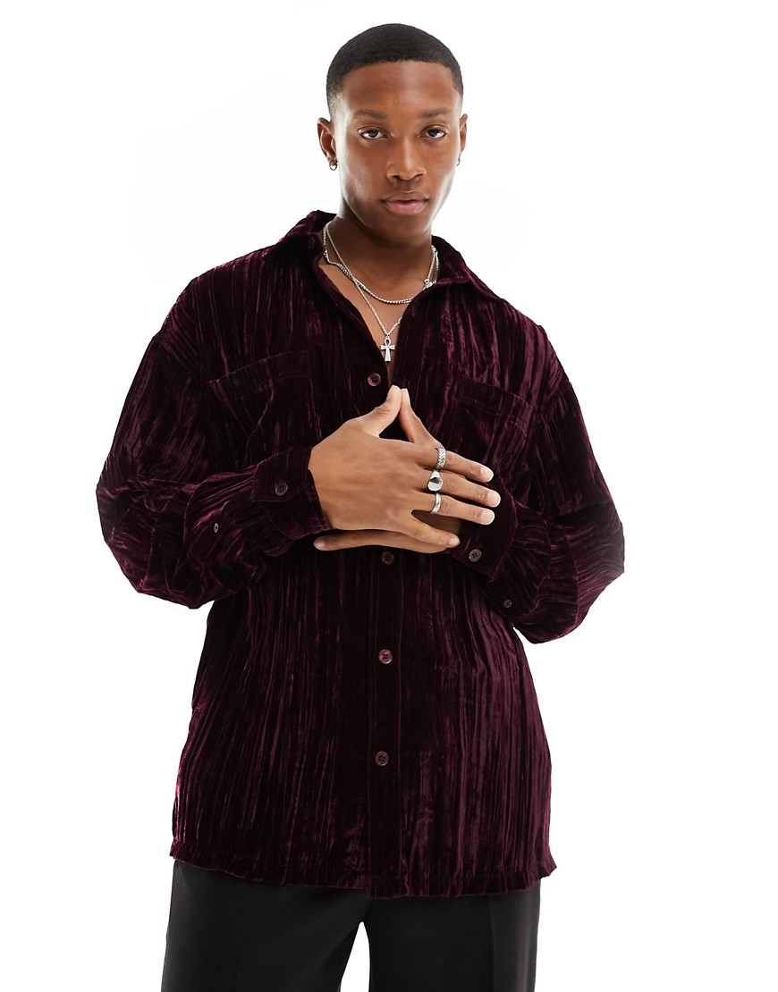 ASOS DESIGN 90s oversized shirt with double pockets in crinkle velvet-Purple