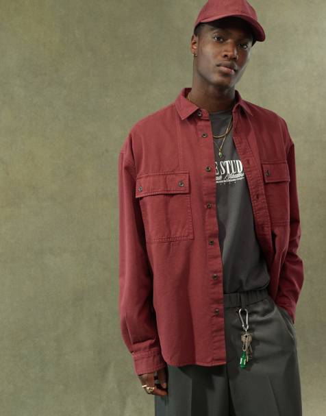 ASOS DESIGN 90's oversized shirt with square collar in burgundy - view 1