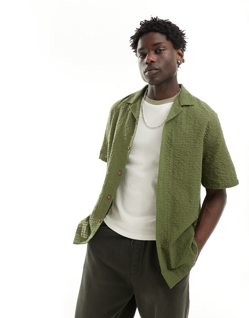 Asos Design 90s Oversized Short Sleeve Shirt In Seersucker Texture In Khaki Green