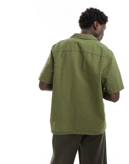 ASOS DESIGN 90s oversized short sleeve shirt in seersucker texture in khaki green, 2 of 4
