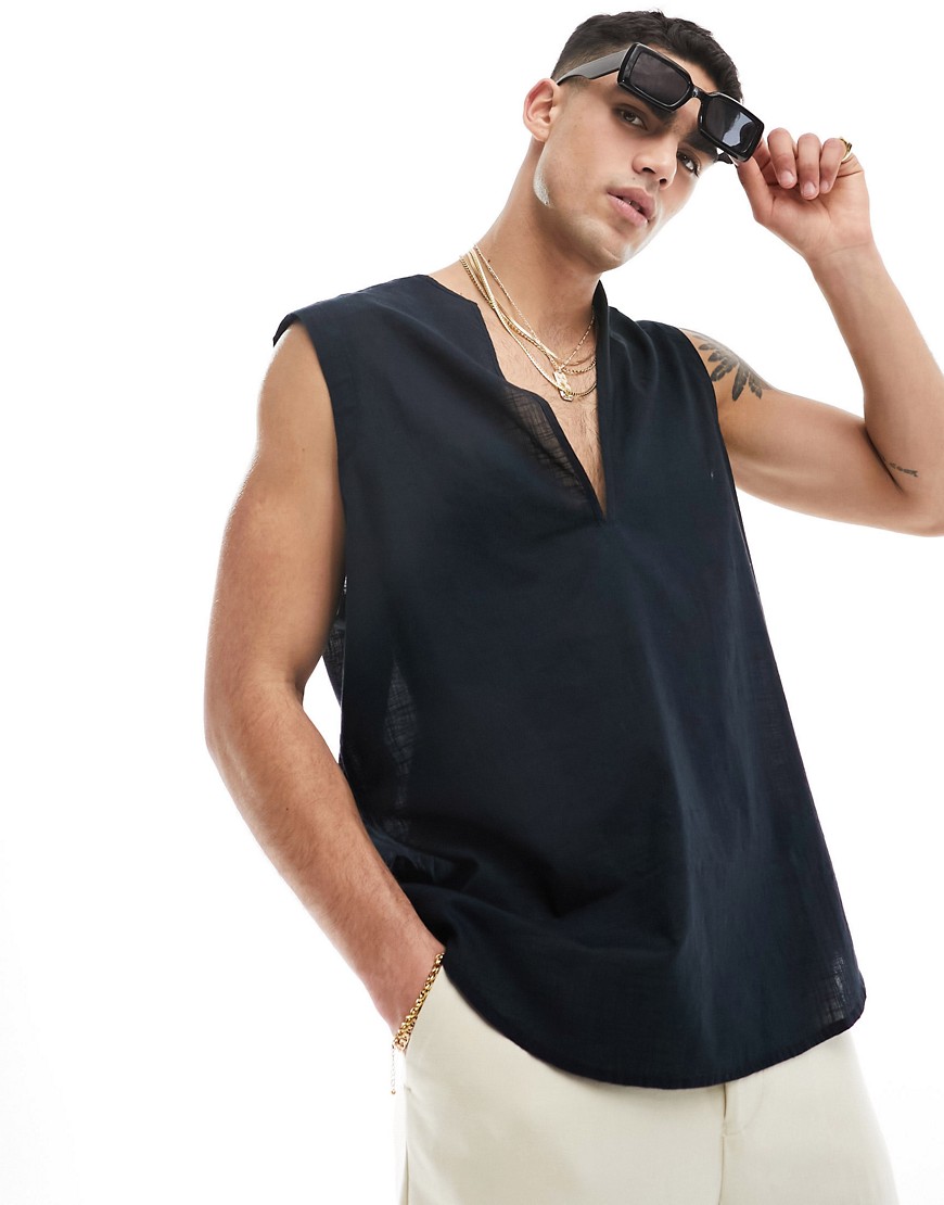 ASOS DESIGN 90s oversized sleeveless linen look shirt in black