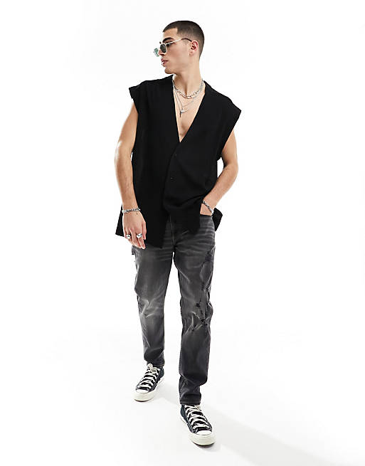 ASOS DESIGN 90s oversized sleeveless textured shirt in black | ASOS