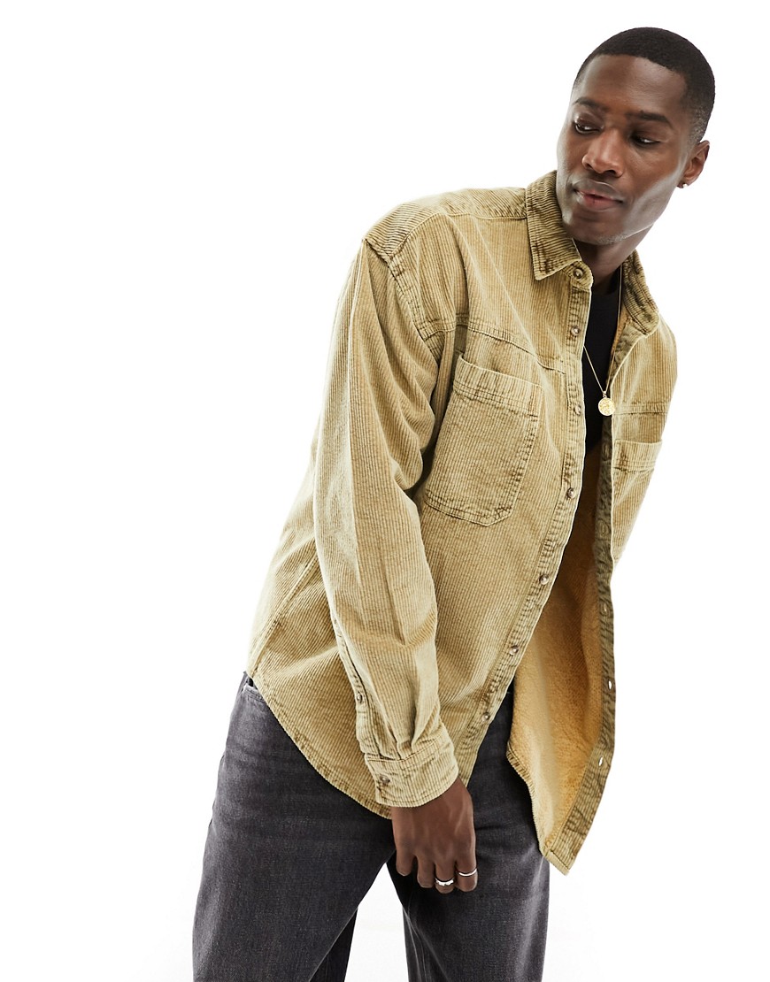 ASOS DESIGN 90s oversized snow wash cord shirt with frayed seams in washed olive green