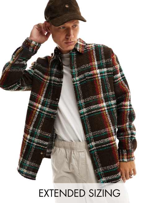 ASOS DESIGN 90s oversized textured boucle wool mix check overshirt in brown
