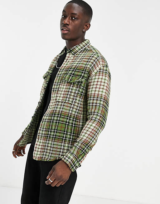Men 90s oversized textured check in green with chest pockets 