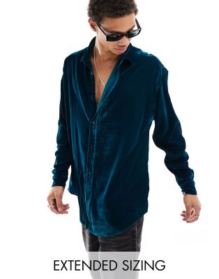 ASOS DESIGN 90s oversized velvet shirt in teal velvet-Blue