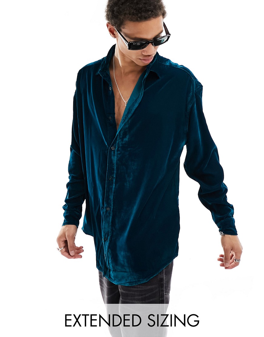 Asos Design 90s Oversized Velvet Shirt In Teal Velvet-blue