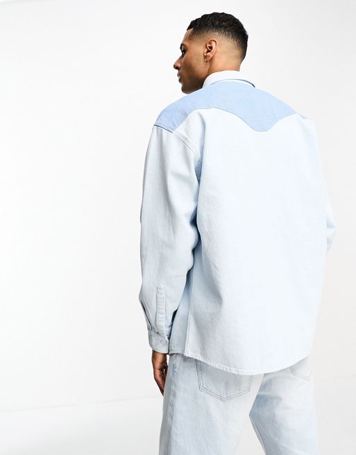 ASOS DESIGN 90s oversized western style denim shirt in light washed blue, 3 of 4