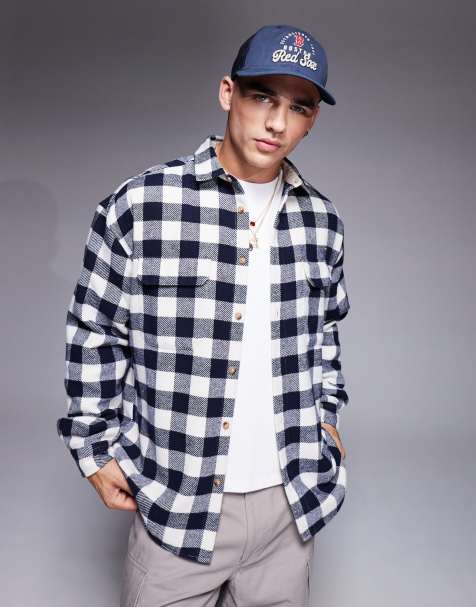ASOS DESIGN 90s oversized wool blend shirt in navy buffalo check - view 1