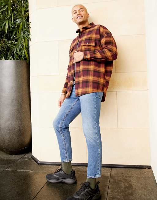 ASOS DESIGN 90s oversized wool heavy plaid shirt in burgundy, 4 of 4