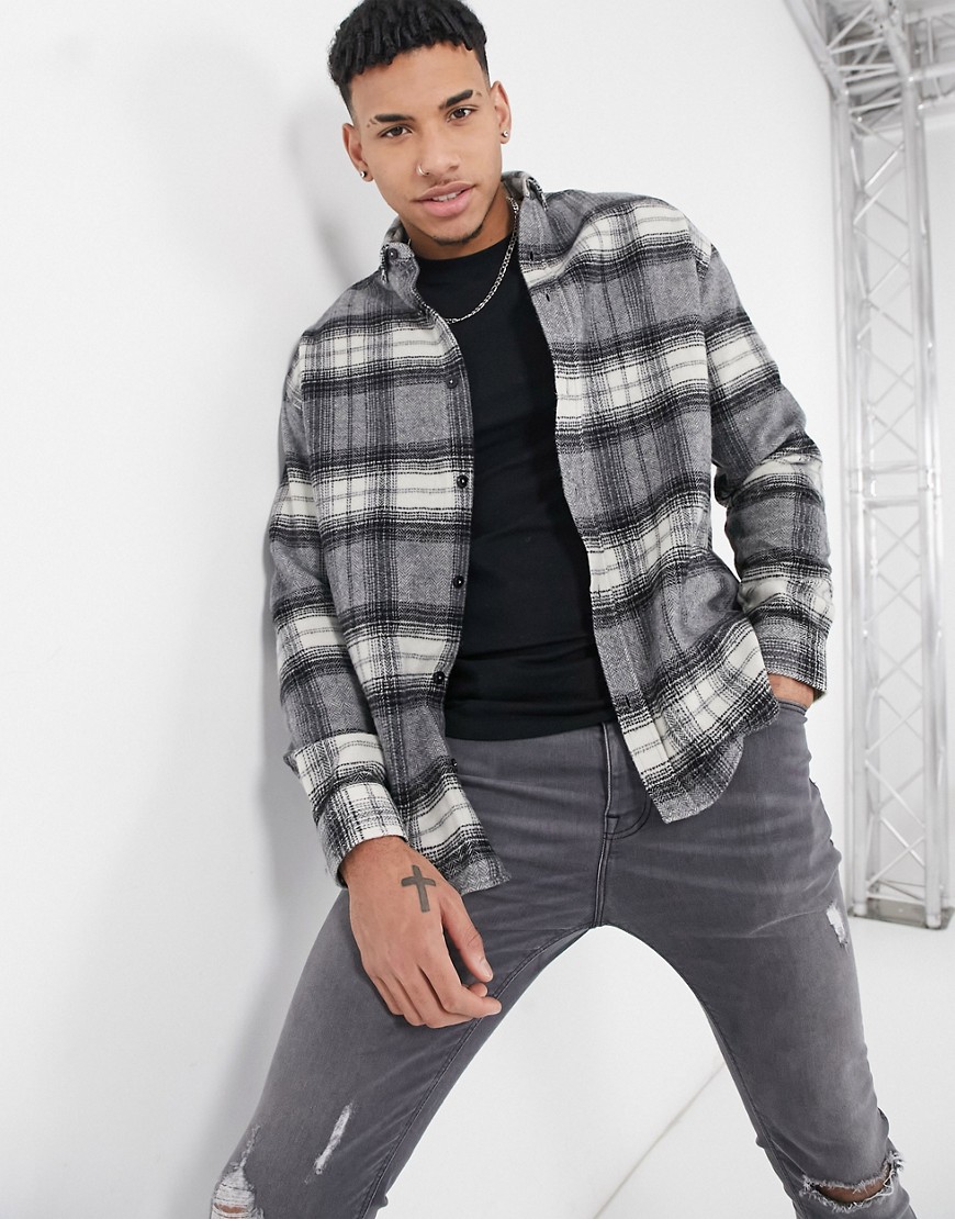 ASOS DESIGN 90s oversized wool mix plaid shirt in gray large scale