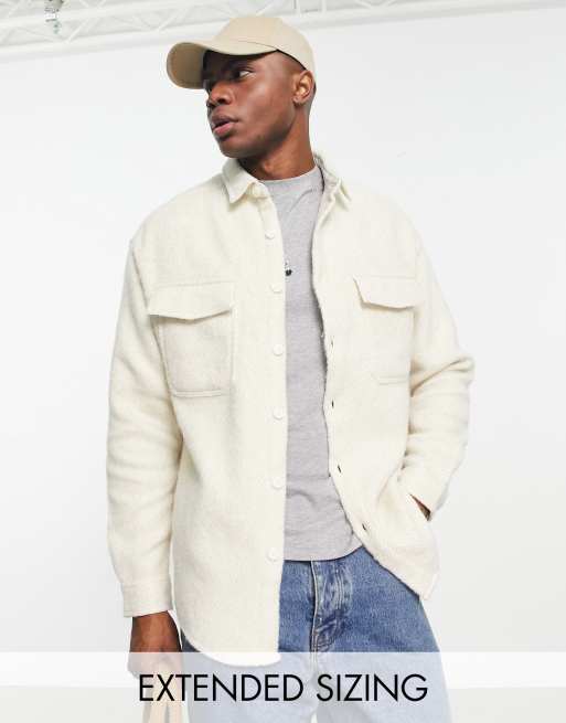 ASOS DESIGN 90s oversized wool mix shirt in beige herringbone