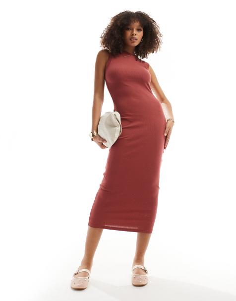 ASOS DESIGN 90s ribbed built up midi tank dress in berry - view 1