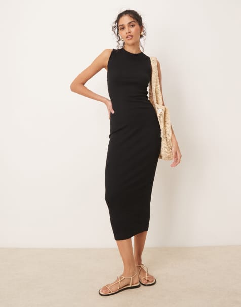 ASOS DESIGN 90s ribbed built up midi tank dress in black