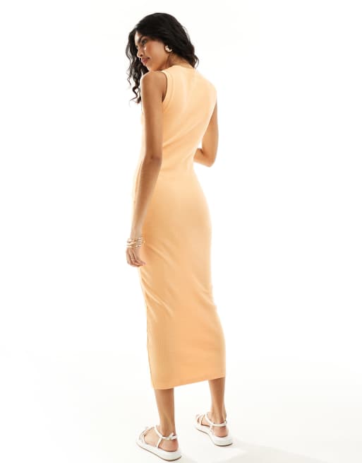 ASOS DESIGN 90s ribbed built up midi tank dress in peach, 2 of 4