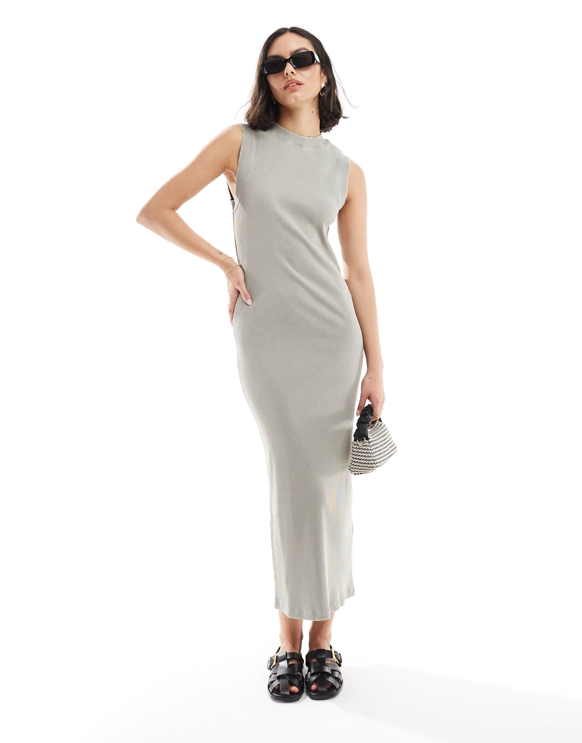 asos design 90s ribbed built up midi tank dress in washed gray