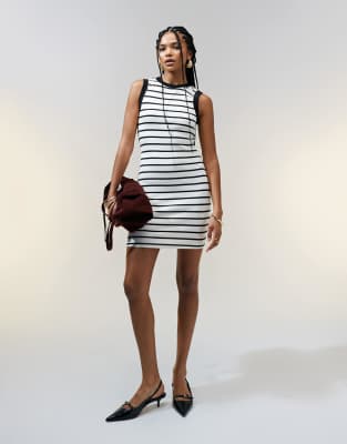 Asos Design 90s Ribbed Built Up Mini Tank Dress In Black And White Stripe Print