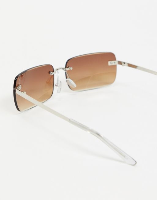 ASOS DESIGN 90s rimless mid-size square sunglasses with gradient lens in brown, 2 of 4