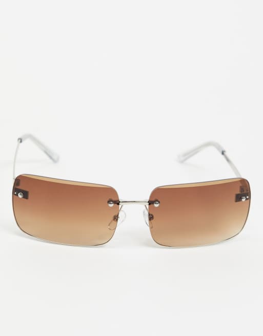 ASOS DESIGN 90s rimless mid square sunglasses with grad brown lens in brown, 3 of 4