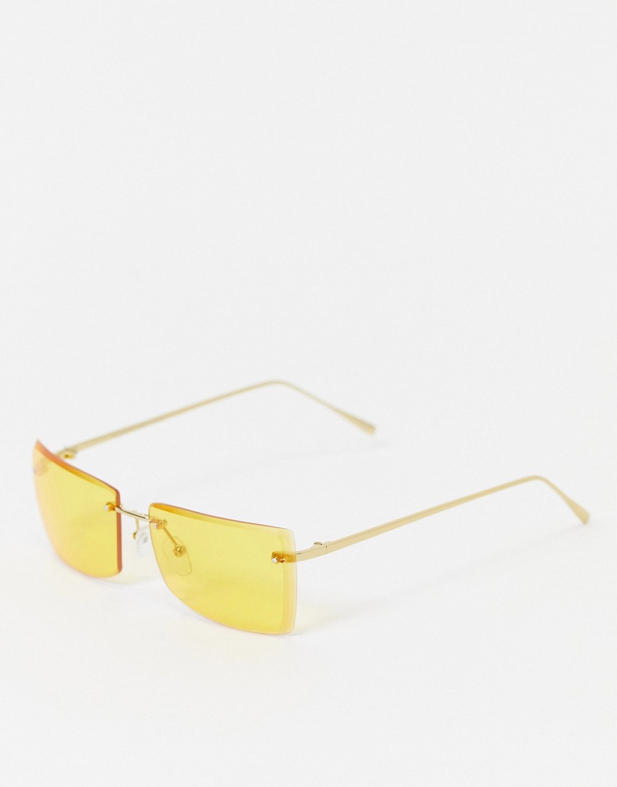 ASOS DESIGN 90s rimless square sunglasses in gold with yellow lens