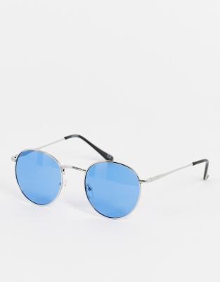 ASOS DESIGN 90s round sunglasses with blue lens in silver