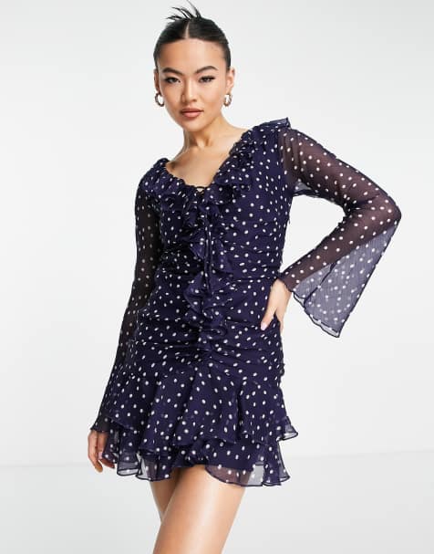ASOS DESIGN 90s ruffle front mini dress in navy spot print - view 1