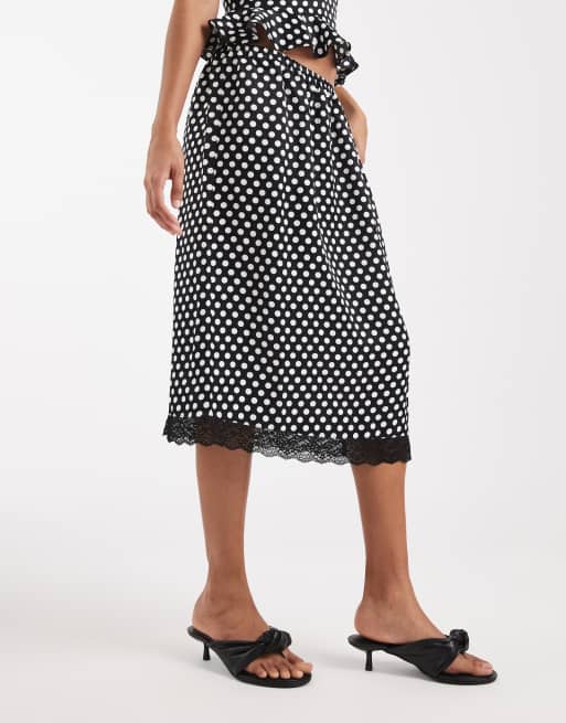 ASOS DESIGN 90's satin lace trim midi skirt in polka dot co ord, 3 of 5